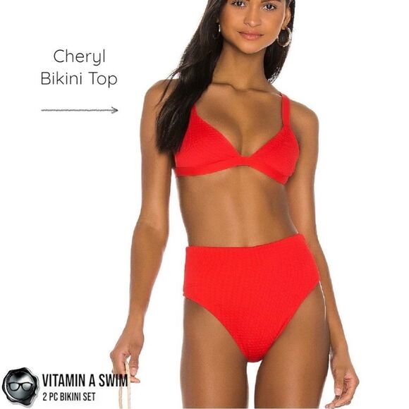 VITAMIN A SWIM BIKINI SET: CHERYL TOP + SIENNA HIGH WAIST BOTTOM IN MARISOL RED - Picture 4 of 15